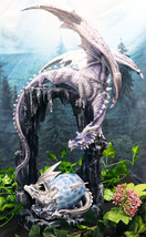 Ebros 21&quot;H White Frozen Dragon On Cavern With Wyrmling Hatchling In Egg Statue - £138.32 GBP