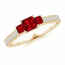 ANGARA Aeon Vintage Style Square Ruby Three Stone Engagement Ring with Milgrain - £1,694.25 GBP