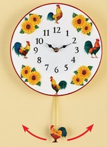 Resin &amp; Ceramic Wall Clock W/Pendulum (Apr. 10&quot;)COUNTRY Roosters &amp; Sunflowers,Ce - £15.79 GBP