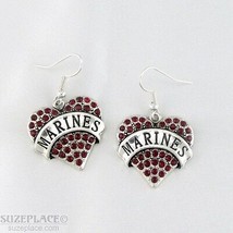 New Marine Red Crystal Heart Charm Silver Earrings Military Semper Fi - £11.83 GBP
