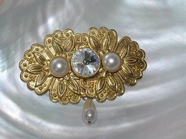 Estate Ornate Goldtone Floral Oblong Medalliion with Faux Pearls &amp; Clear Paste  - £6.75 GBP
