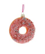 DONUT ORNAMENT 4&quot; Glass Pink Frosted Doughnut with Bead Sprinkles Christ... - $19.95