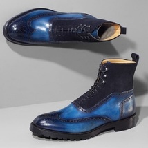 Handmade Blue Leather Wingtip Lace Up Military Boot For Gentlemen - £126.80 GBP+