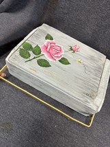 Hand painted Antique Wood Cigar Box w/Metal Closure Bar 6.5x9x3” Rose Signed - £27.45 GBP