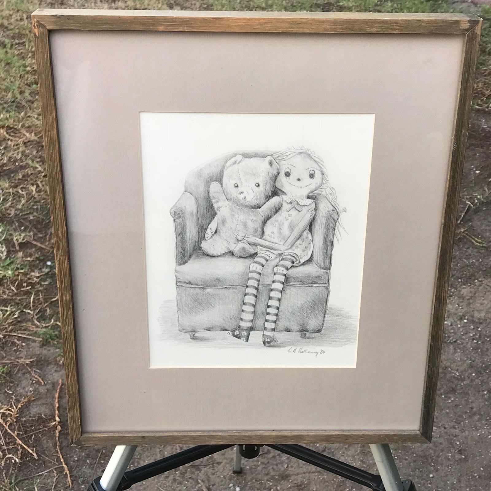 EDGAR HOLLOWAY Original 1984 MODERN VINTAGE Girl & Bear PENCIL DRAWING Signed Item image 9