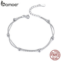 925 Silver Chain Bracelet Double Layers Round Beads Link Chain Bracelets Women 7 - £17.17 GBP