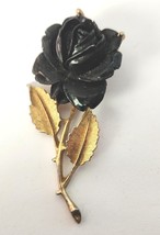 Black Carved Resin Rose Brooch Pin in a Brushed Gold Tone Setting Large Vintage - $27.99