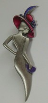 Vintage Signed JJ Woman Figural Brooch Pink &amp; Purple Enamel 3.1/2&quot; Long - £18.76 GBP
