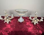 Porcelain triptych with fruit bowl and candlesticks with putti roses and... - $1,014.77