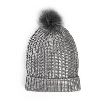 Silver Grey Metallic Faux Fur Pom-Pom Beanie Hat - $21.78