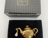 Vintage Avon Rose Teapot Rhinestone Dangle Gold Tone Tack Pin Brooch - $12.30