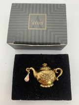 Vintage Avon Rose Teapot Rhinestone Dangle Gold Tone Tack Pin Brooch - £9.62 GBP
