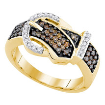 10kt Yellow Gold Womens Round Brown Color Enhanced Diamond Belt Buckle Band Ring - £361.19 GBP