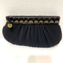 Genie Womens Small Evening Bag Clutch Black Gold Beaded Pleated 9 x 5 inch - $12.60