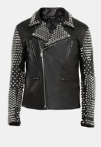 HANDMADE Men&#39;s  Leather JACKET Black Gothic Punk Silver Long Spiked Studded Leat - £311.95 GBP
