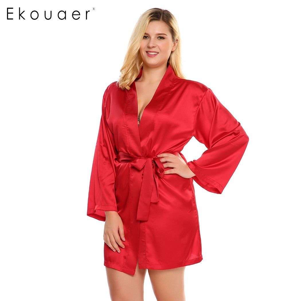 Plus Size Robe Women Satin Kimono Long Sleeve Belted Nightgown Autumn Solid 4XL - $29.64