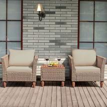 Patio Rattan Furniture Set 3 Pcs Outdoor Wooden Table Top Cushioned Sofa - $316.02