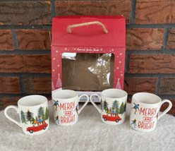 4 Christmas Espresso Cups Miniature Cocoa Coffee Cider Mug Merry Bright Tree NIB - $33.25