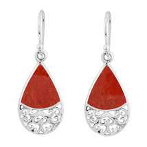 Victorian Teardrop Filigree Wave Red Coral Sterling Silver Dangle Earrings - £14.55 GBP