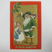 Christmas Postcard Santa Green Suit Girl Tuck Crimson &amp; Gold Series 501 Antique - £18.77 GBP