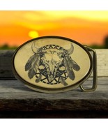 Vtg Barlow Brass Faux Scrim Shaw Etched Native Bull Skull Feathers Belt ... - $50.98 CAD