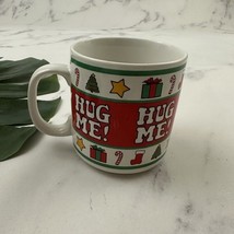 Papel Vintage 80s Christmas Coffee Mug White Red Hug Me Holiday Stars Tree - $19.79