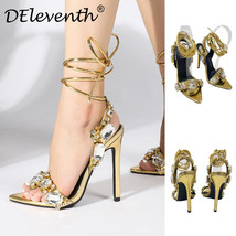 Lace up High heels Women Rhinestone Gold Sandals Pointed Toe Wedding Shoes - £40.75 GBP