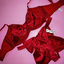 Victoria&#39;s Secret Unlined 34D,34DD,34DDD Bra Set S Panty Red Bow Satin Valentine - £55.18 GBP
