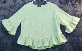 W5 Blouse Top Women Medium Green Polka Dot 100% Polyester Long Sleeve Round Neck - £15.15 GBP