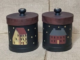 Set Of 2 Rustic Pantry Box Canisters Hand Painted Stenciled Houses Primi... - $34.65