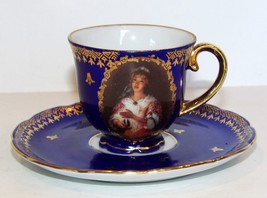 PULS CZECHOSLOVAKIA PORTRAIT LADY CANDLE BLUE &amp; GOLD CUP &amp; SAUCER - $38.32