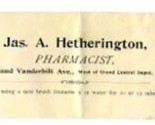 Jas A Hetherington Pharmacists Envelope 42nd St  Vanderbilt Ave New York... - $13.86