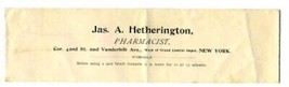 Jas A Hetherington Pharmacists Envelope 42nd St  Vanderbilt Ave New York 1890&#39;s - £10.82 GBP