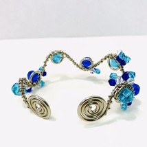 Handcrafted Wire &amp; Bead Bracelet Silver Tone Coil Caps Multi Color Blue Beads - £10.31 GBP