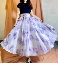 Summer Purple Flower Skirt Outfit Women High Waist Plus Size Organza Midi Skirt