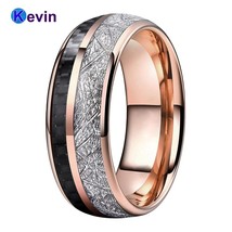 Rose Gold Tungsten Wedding Band Men Women Ring With Black Carbon Fiber And Brigh - £21.73 GBP