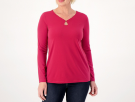 Susan Graver Liquid Knit V-Neck Long Sleeve Top w/ Keyhole Rose Red, 2X-Small - £19.68 GBP