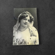 German Black White Postcard Pretty Young Woman In Veil Portrait 1900s Necklace - £7.59 GBP