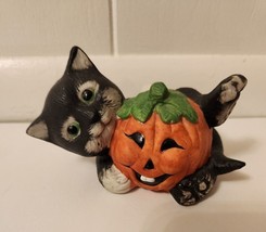 Vintage Halloween Sweet Black Cat With Pumpkin Jack O Lantern Ceramic Figurine - £11.65 GBP
