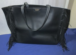 Victoria Secret Women&#39;s Faux Leather Suede with Fringe Large Black Tote Bag - $25.00