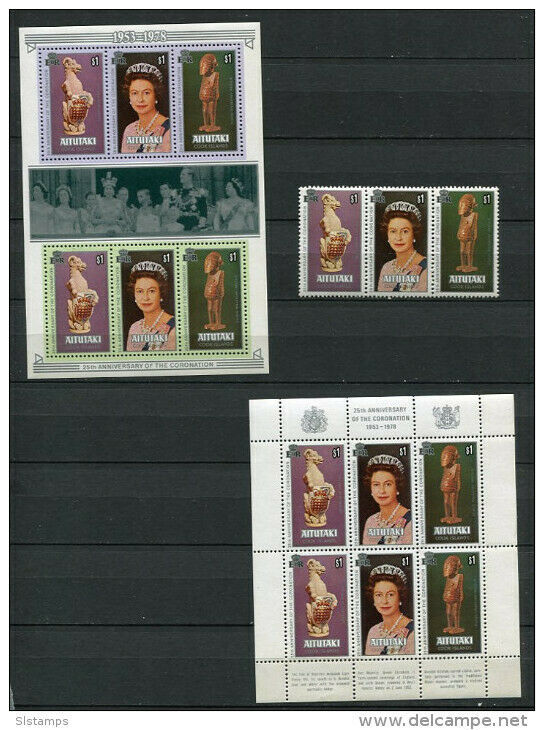 Aitutaki  1978 Sc 166 166d (2)Suvenir Sheets + strip of 3  MNH Queen Eli... - $2.97