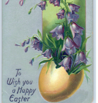 Happy Easter Greetings Purple Flowers Growing from Egg 1908 Postcard Emb... - $11.96