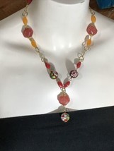 Vintage SR China Signed Cherry Quartz Cloisonne Beaded Necklace Pink Statement - £29.91 GBP