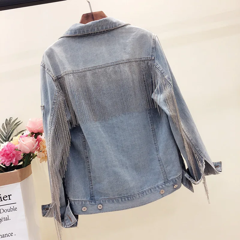 Streetwear Tel denim coat  2019 new heavy nail Chains Jeans Jacket women light b - £343.62 GBP