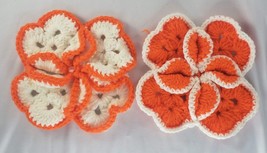 Vintage Handmade Crochet Four Leaf Clover Set Orange White Pot Holder St... - $10.99
