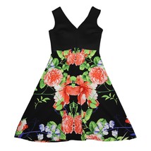 Noble U Dress Womens S Black Floral Back Zip Sleeveless Vneck Fit Flare ... - £20.26 GBP