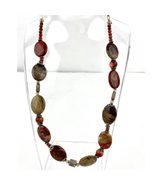 Natural Stone Beaded Necklace 15&quot; Brown Oval Metal Accents - £11.37 GBP