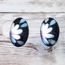 Vintage Clip On Earrings Black Oval with Flower Design 1&quot; - $12.99