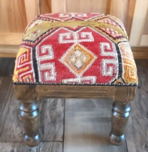 Moroccan Kilim Covered Footstool Handmade Wood Upholstered Berber Furniture - £122.66 GBP