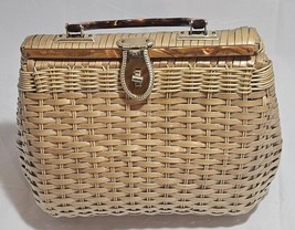 Vintage Purse Wicker Rattan Celluloid Tortoise Handle/Trim/Latch Hong Kong LOOK! - £39.46 GBP